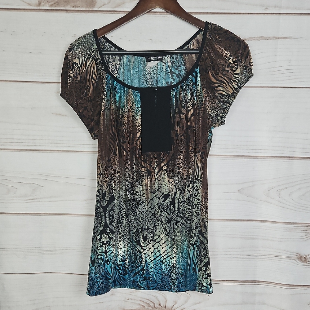 Perseption Brown, Black, & Blue Patterned Blouse - Size Medium